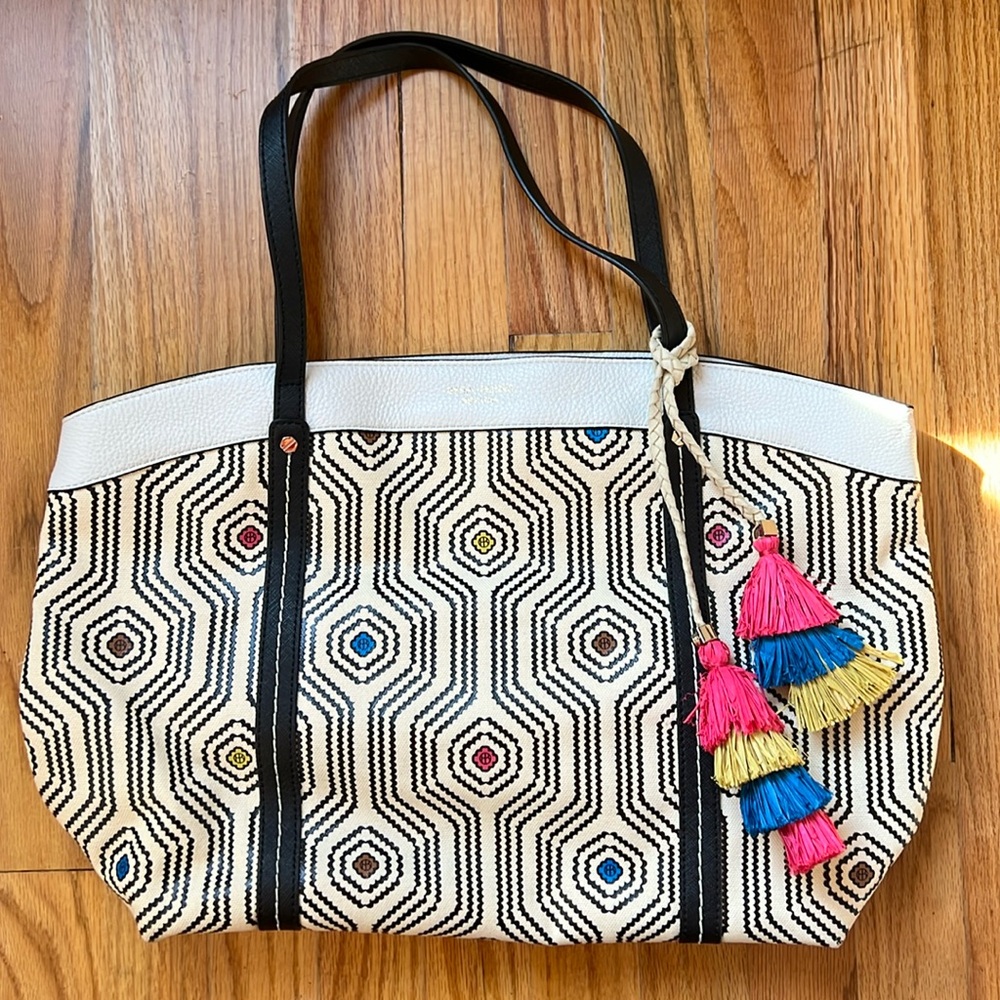 Henri Bendel Printed Canvas Tassel Tote with Leather Trim